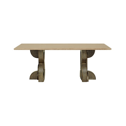 A rectangular dining table with a light beige wood top and sculptural, layered dark brown wooden legs, shown against a plain white background.
