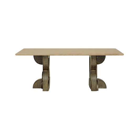 A rectangular dining table with a light beige wood top and sculptural, layered dark brown wooden legs, shown against a plain white background.