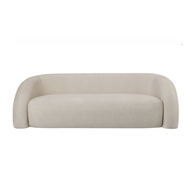 A modern low-profile loveseat sofa upholstered in a light beige textured fabric, shown from a straight-on front angle against a solid white background.