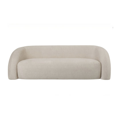 A modern low-profile loveseat sofa upholstered in a light beige textured fabric, shown from a straight-on front angle against a solid white background.