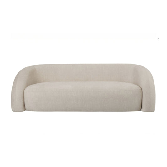 A modern low-profile loveseat sofa upholstered in a light beige textured fabric, shown from a straight-on front angle against a solid white background.