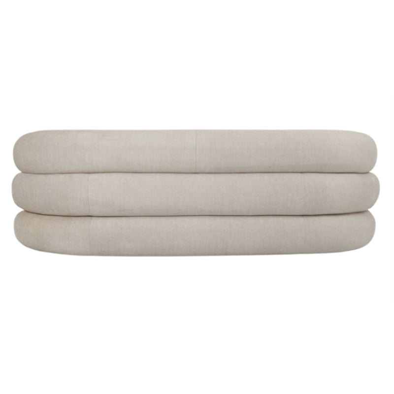 Three stacked, folded rectangular cushions in a light beige linen fabric, shown against a plain white background.