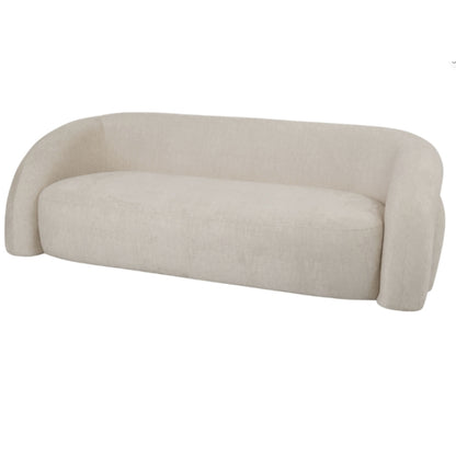 A modern curved three-seater sofa upholstered in a textured cream-beige fabric, shown from a three-quarters angle against a plain white background.