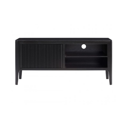 Black TV stand with a white background
