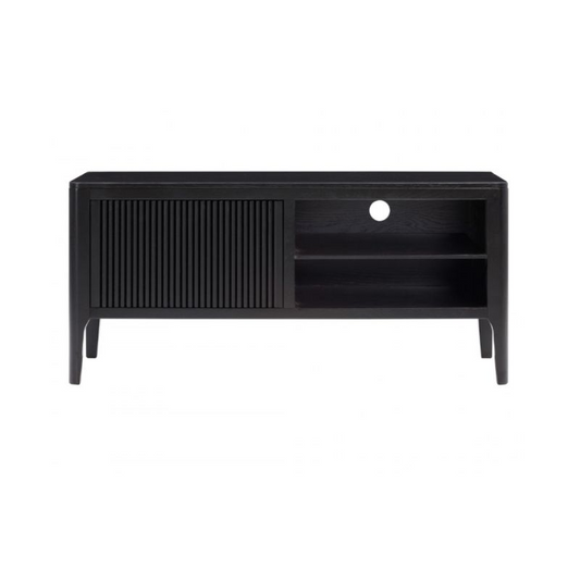 Black TV stand with a white background