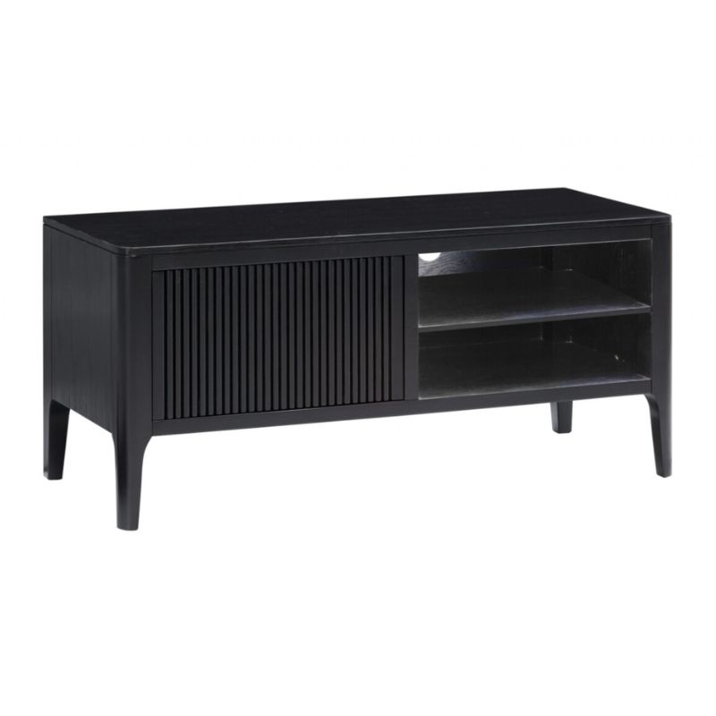 Black TV stand with a slatted door on a white background