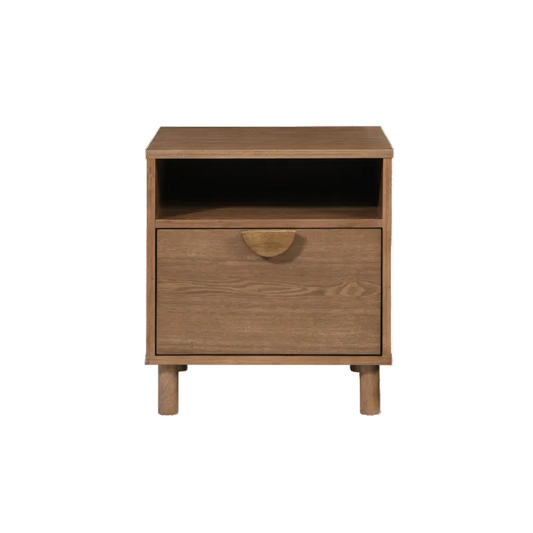 Wooden nightstand with a drawer on a white background