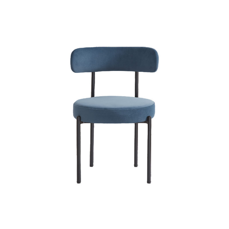 Blue dining chair with black legs on white background