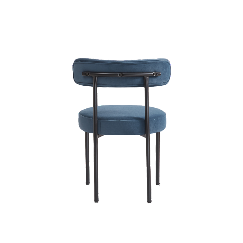 Back of blue dining chair with black frame