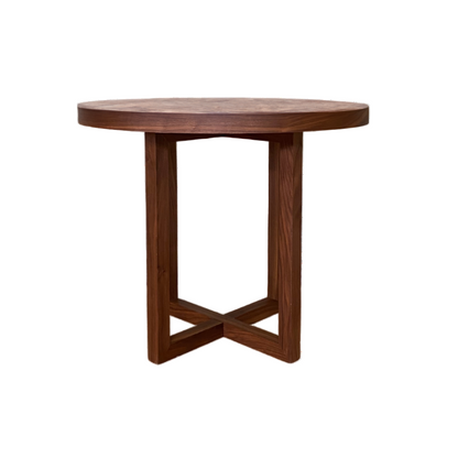 Wooden side table with a unique base design on a white background