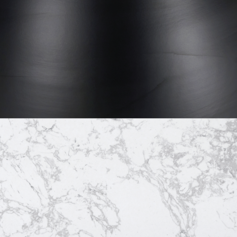 Top half of the image is black, while the bottom half features a white marble pattern.
