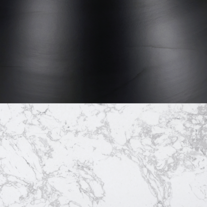 Top half of the image is black, while the bottom half features a white marble pattern.