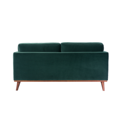 Green sofa with wooden legs on a white background