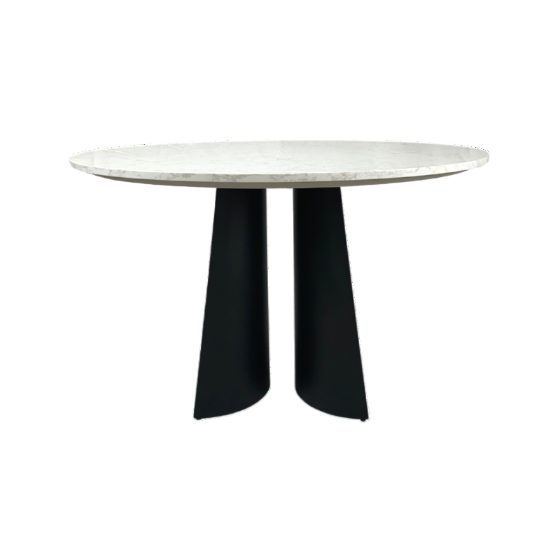 Round table with white marble top and black legs on a white background