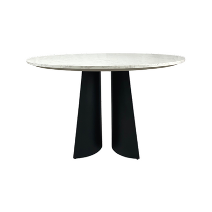 Round table with white marble top and black legs on a white background