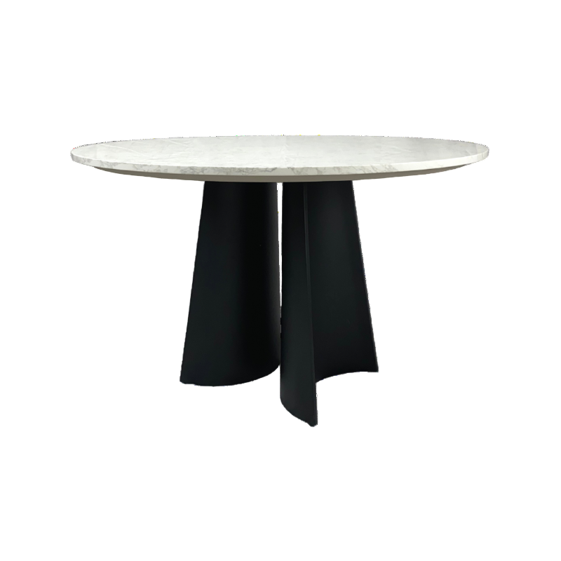 Round table with marble top and black legs on a white background