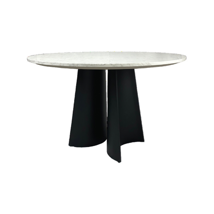 Round table with marble top and black legs on a white background