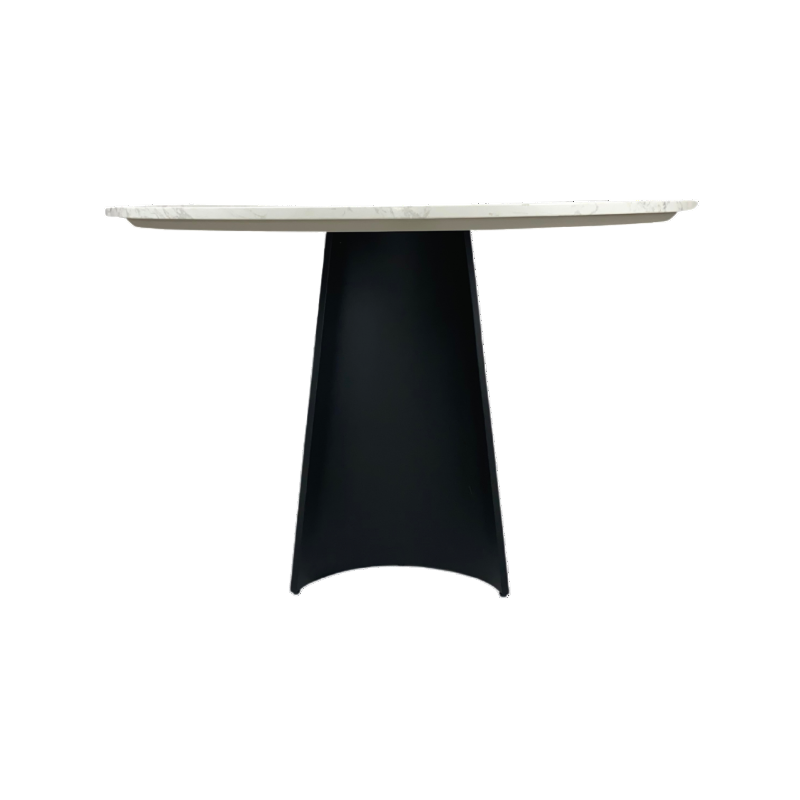Round table with a white marble top and black base on a white background