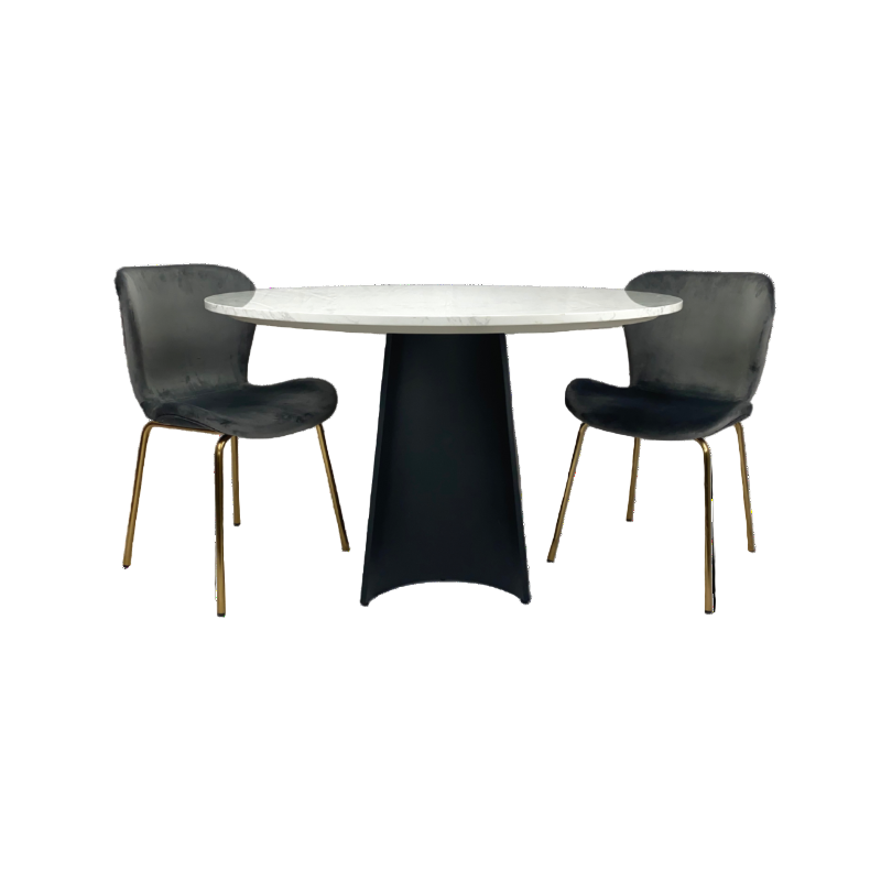 Dining set with a round table and two black chairs on a white background