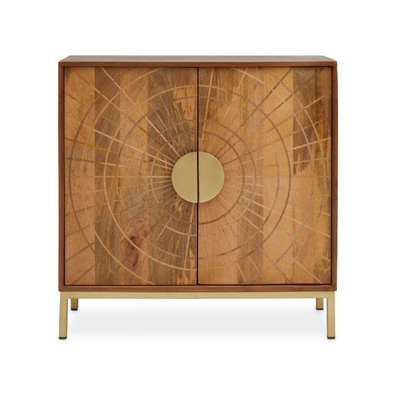 Wooden cabinet with geometric design and gold accents on a white background