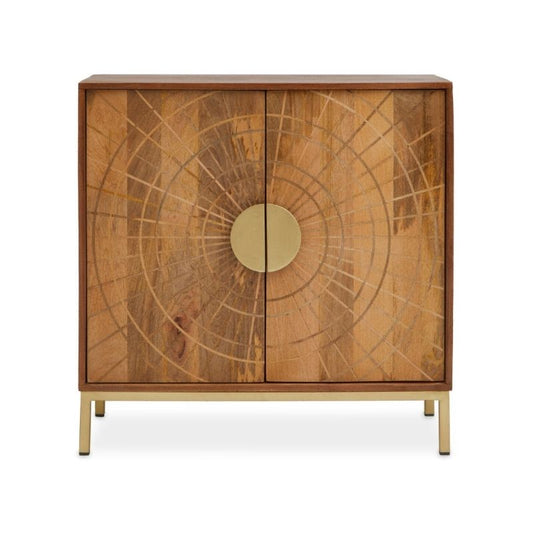 Wooden cabinet with geometric design and gold accents on a white background