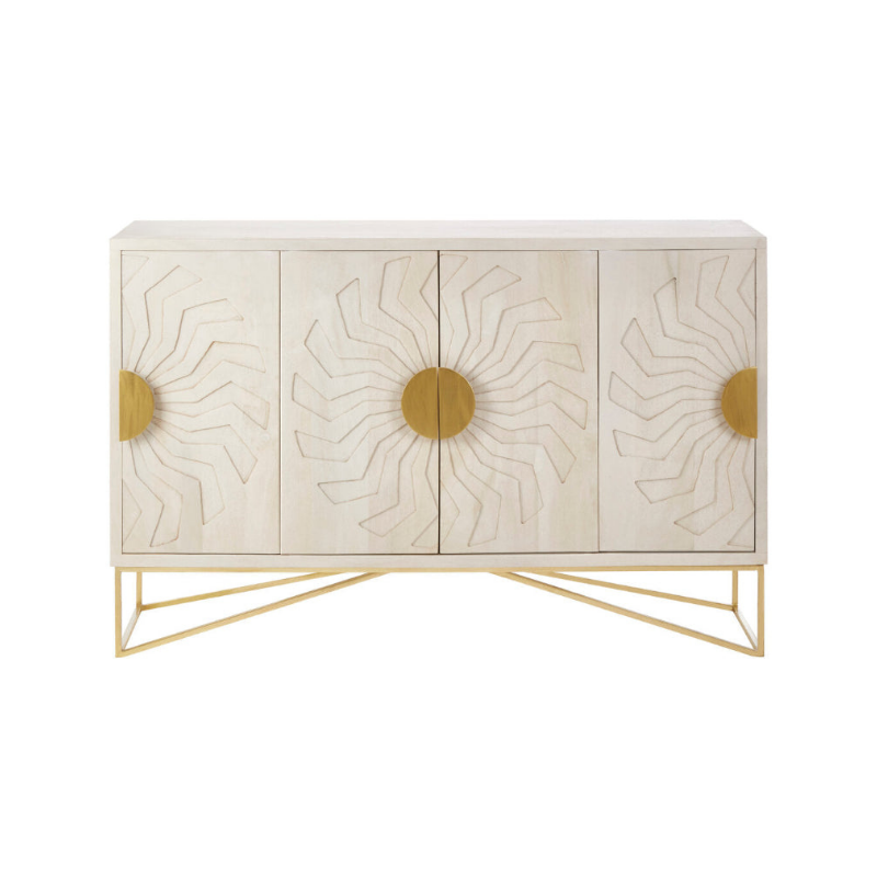 Decorative cabinet with sunburst patterns and gold accents on a white background