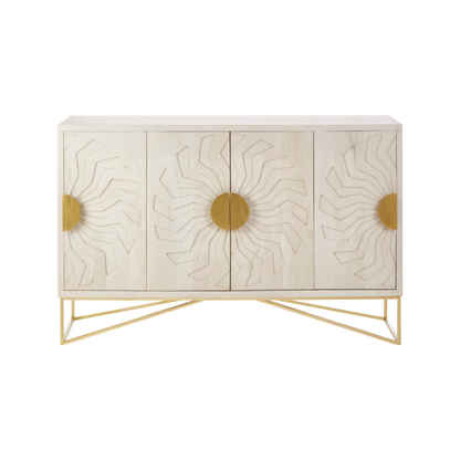Decorative cabinet with sunburst patterns and gold accents on a white background