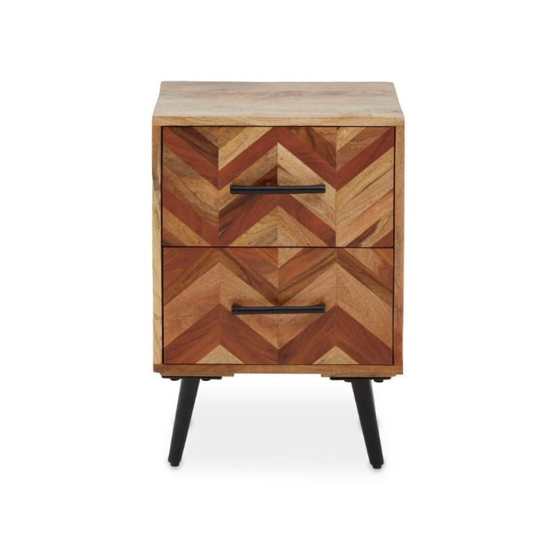 Wooden side table with chevron pattern and black legs on a white background