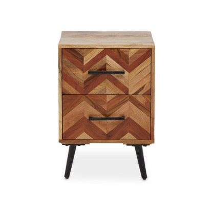 Wooden side table with chevron pattern and black legs on a white background