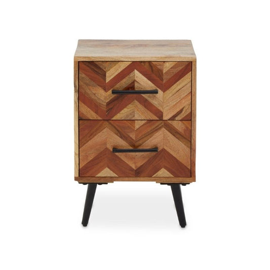 Wooden side table with chevron pattern and black legs on a white background