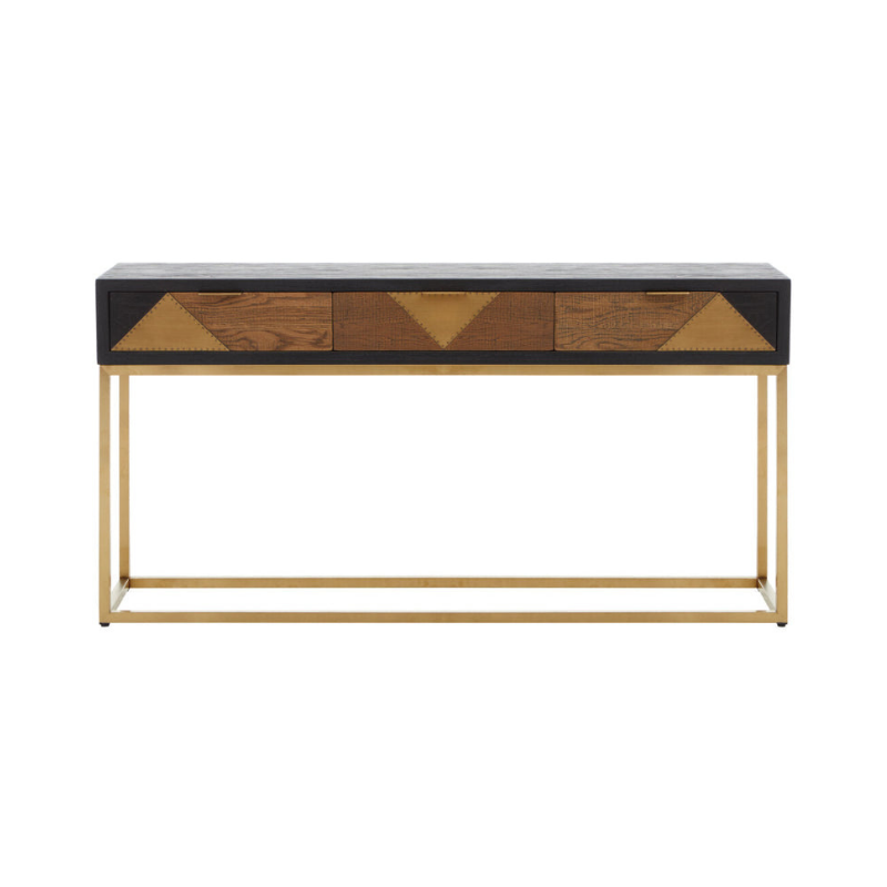 Console table with geometric design and gold frame on a white background