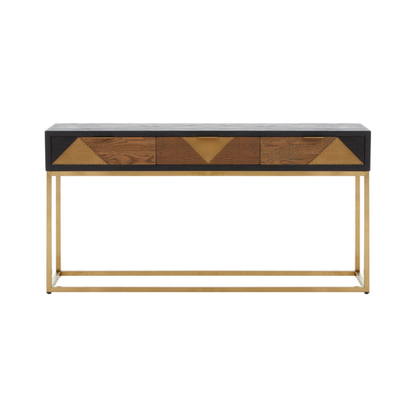 Console table with geometric design and gold frame on a white background