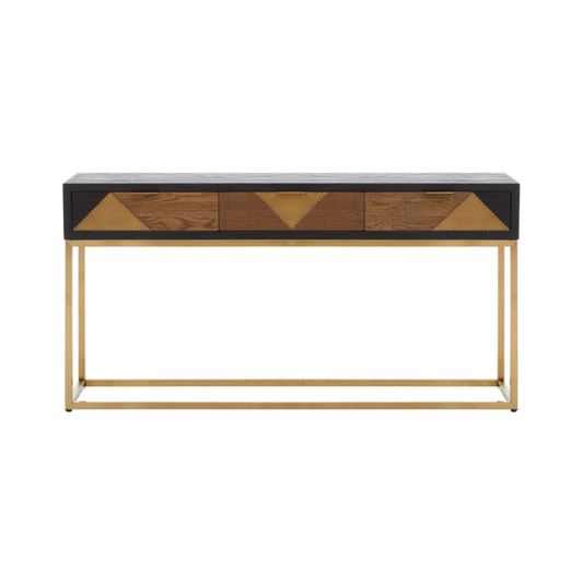 Console table with geometric design and gold frame on a white background