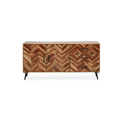 Wooden sideboard with a chevron pattern on a white background