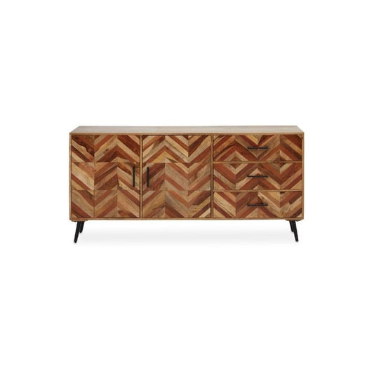 Wooden sideboard with a chevron pattern on a white background