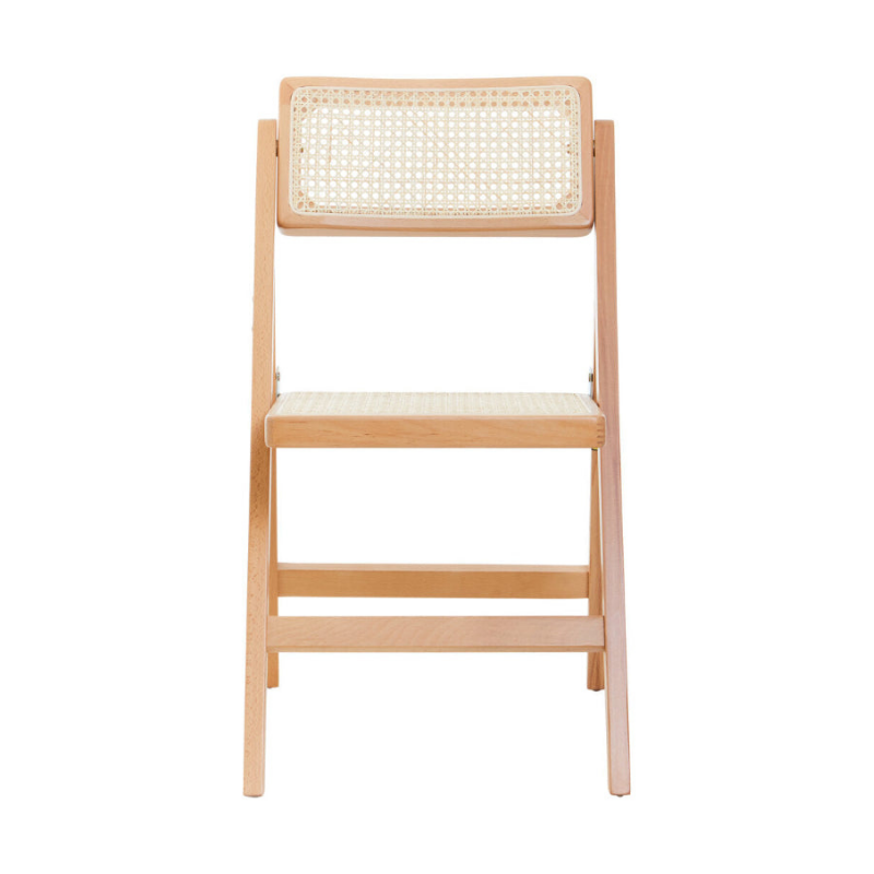 Wooden high chair with wicker backrest and seat on a white background