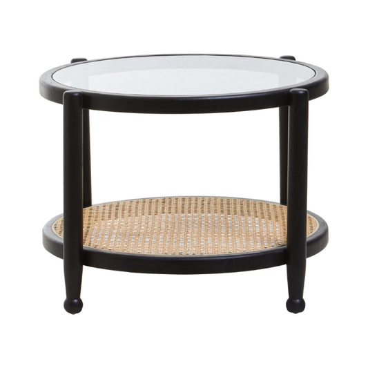 Round side table with black frame and glass top on a white background