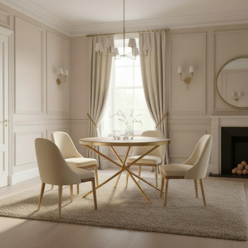 Dining room with a round table and chairs in a well-lit room.