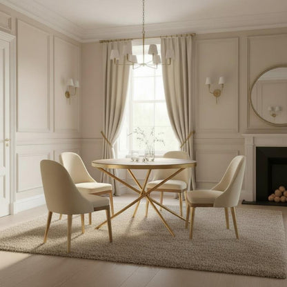 Dining room with a round table and chairs in a well-lit room.