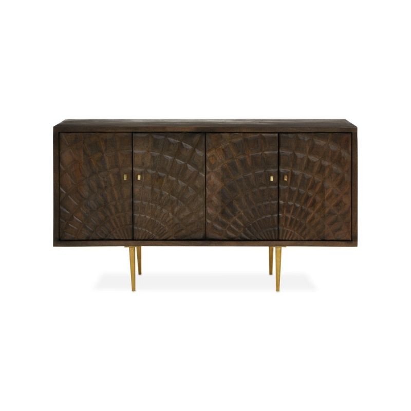 Dark wooden sideboard with decorative patterns on a white background