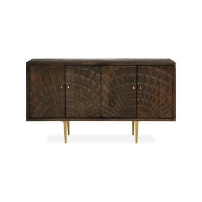 Dark wooden sideboard with decorative patterns on a white background