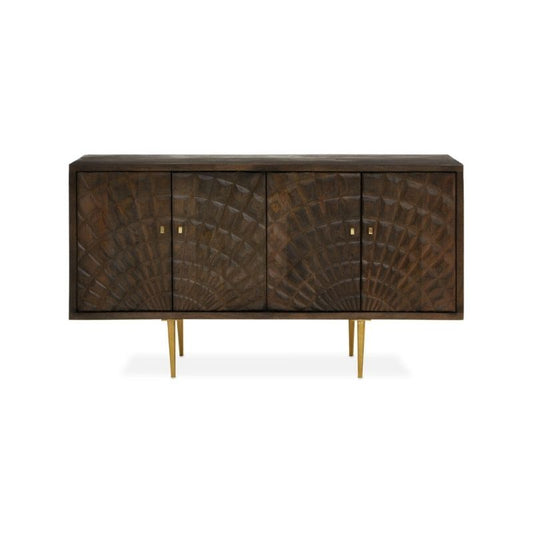 Dark wooden sideboard with decorative patterns on a white background