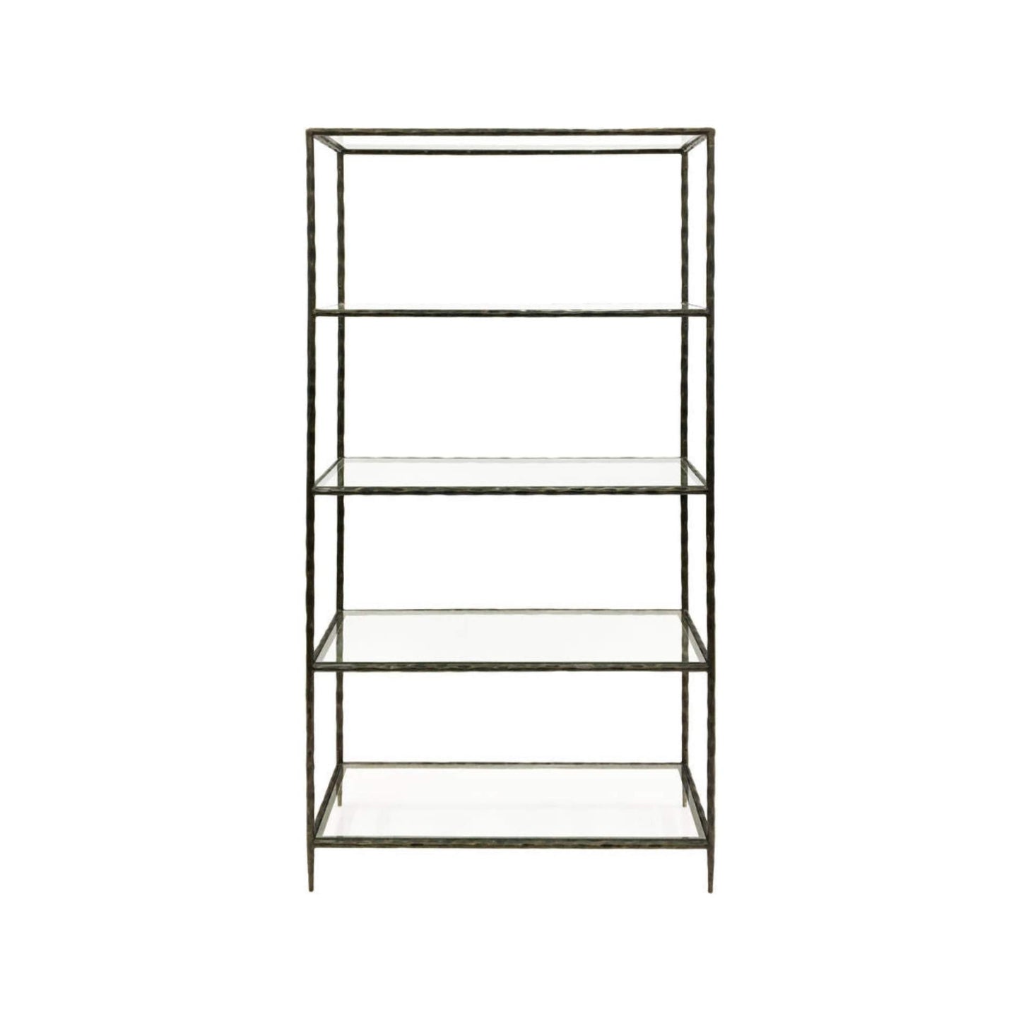 Dark Bronze metal bookshelf with glass shelves on a white background