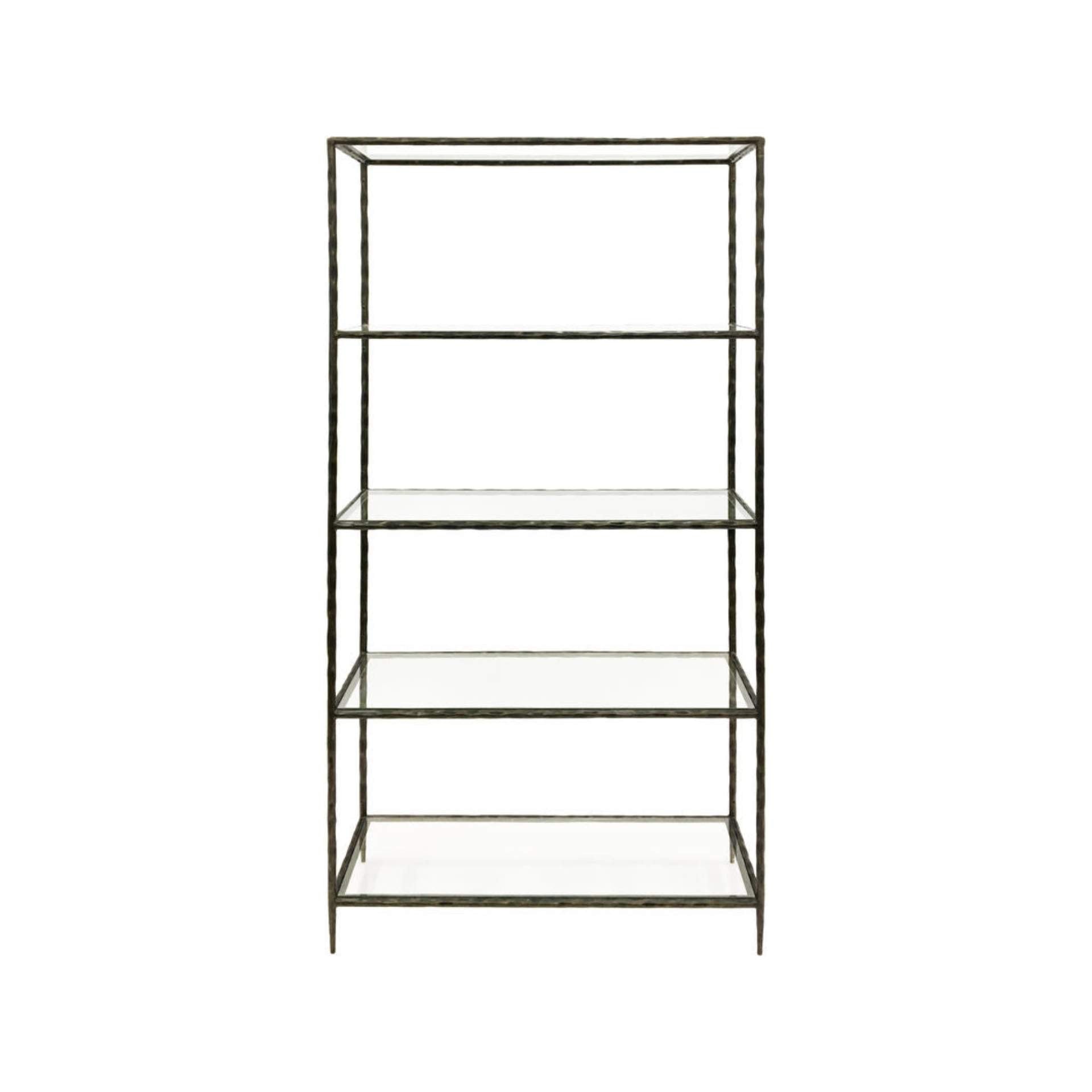 Dark Bronze metal bookshelf with glass shelves on a white background
