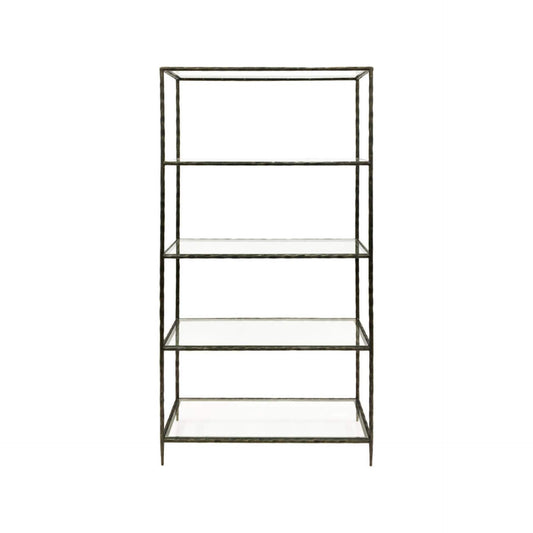 Dark Bronze metal bookshelf with glass shelves on a white background