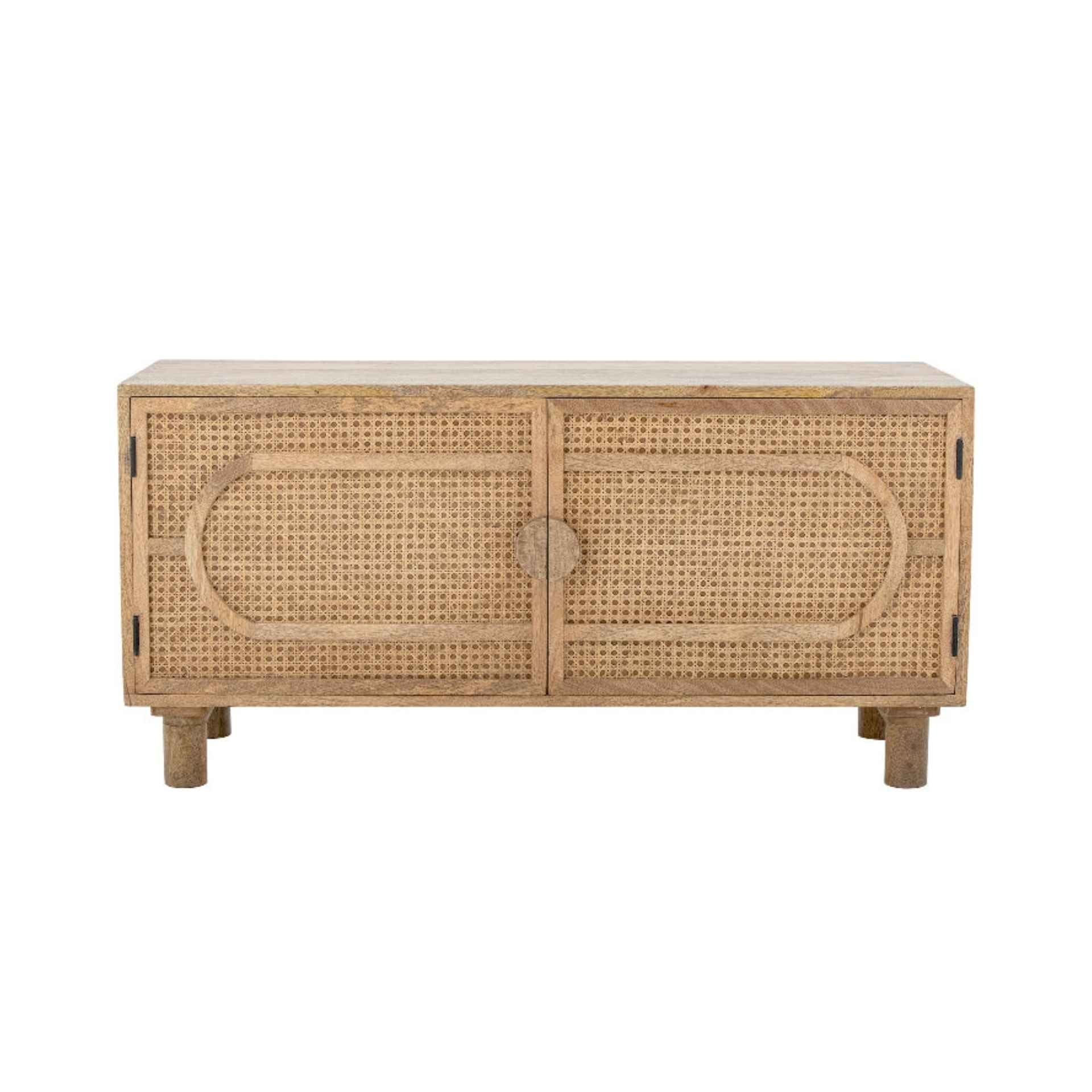 Wicker sideboard with two doors on a white background