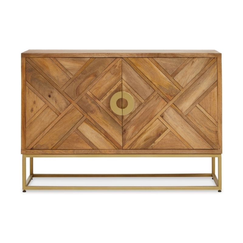 Wooden cabinet with geometric pattern on a white background