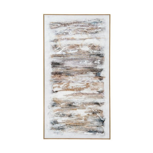 Abstract art painting with horizontal brush strokes in brown, beige, and white on a white background.