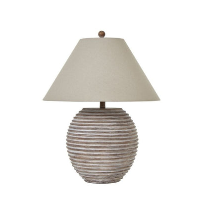 Table lamp with ribbed ceramic base and beige lampshade on a white background