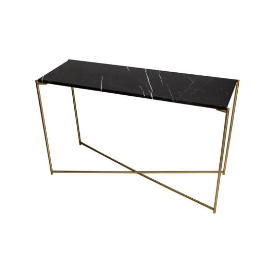 Console table with black marble top and gold metal frame on a white background